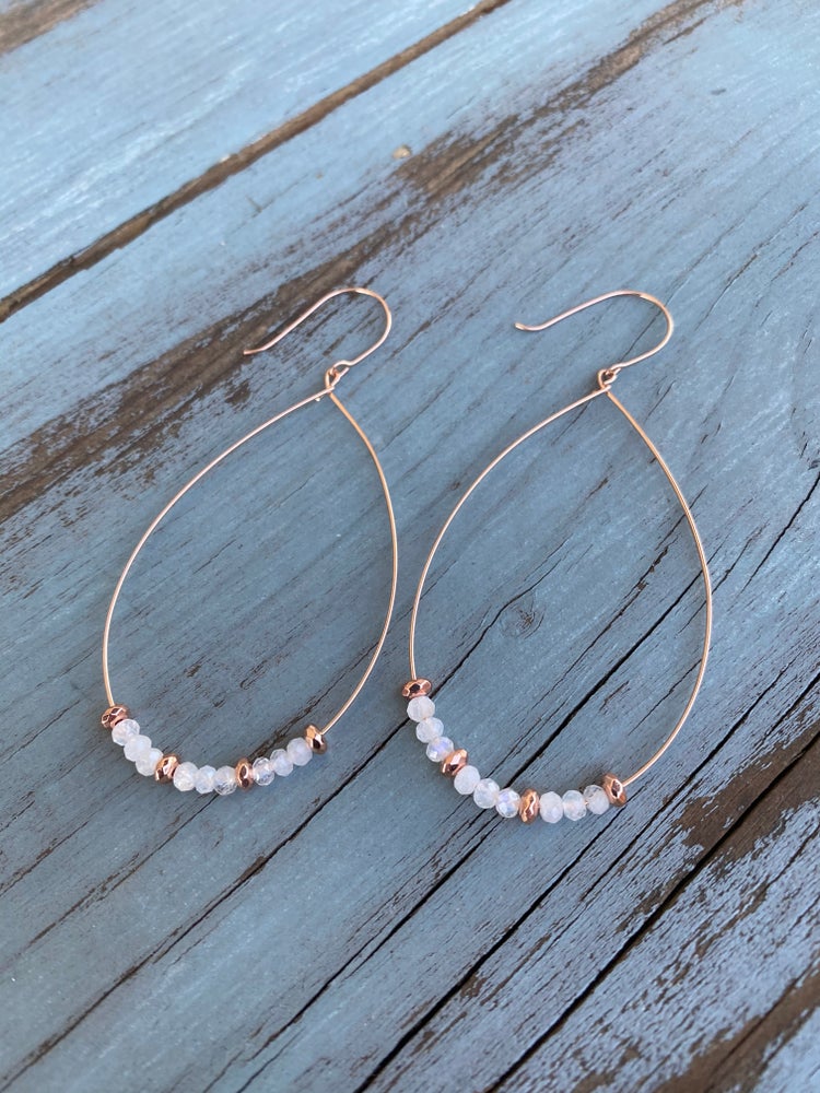 Rose Gold and Moonstone Tear Drop Hoop Earrings